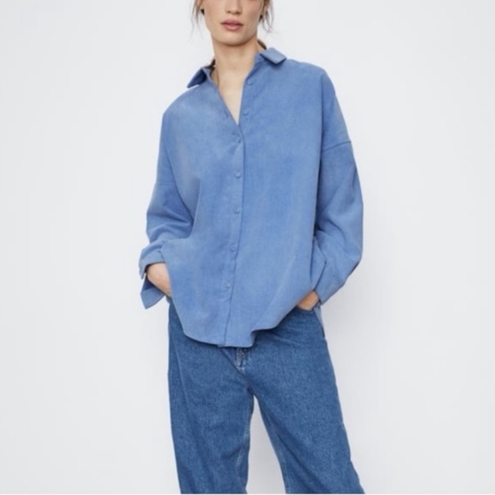 Zara | Oversized Corduroy Light Blue Casual Button Up Shirt Size Medium